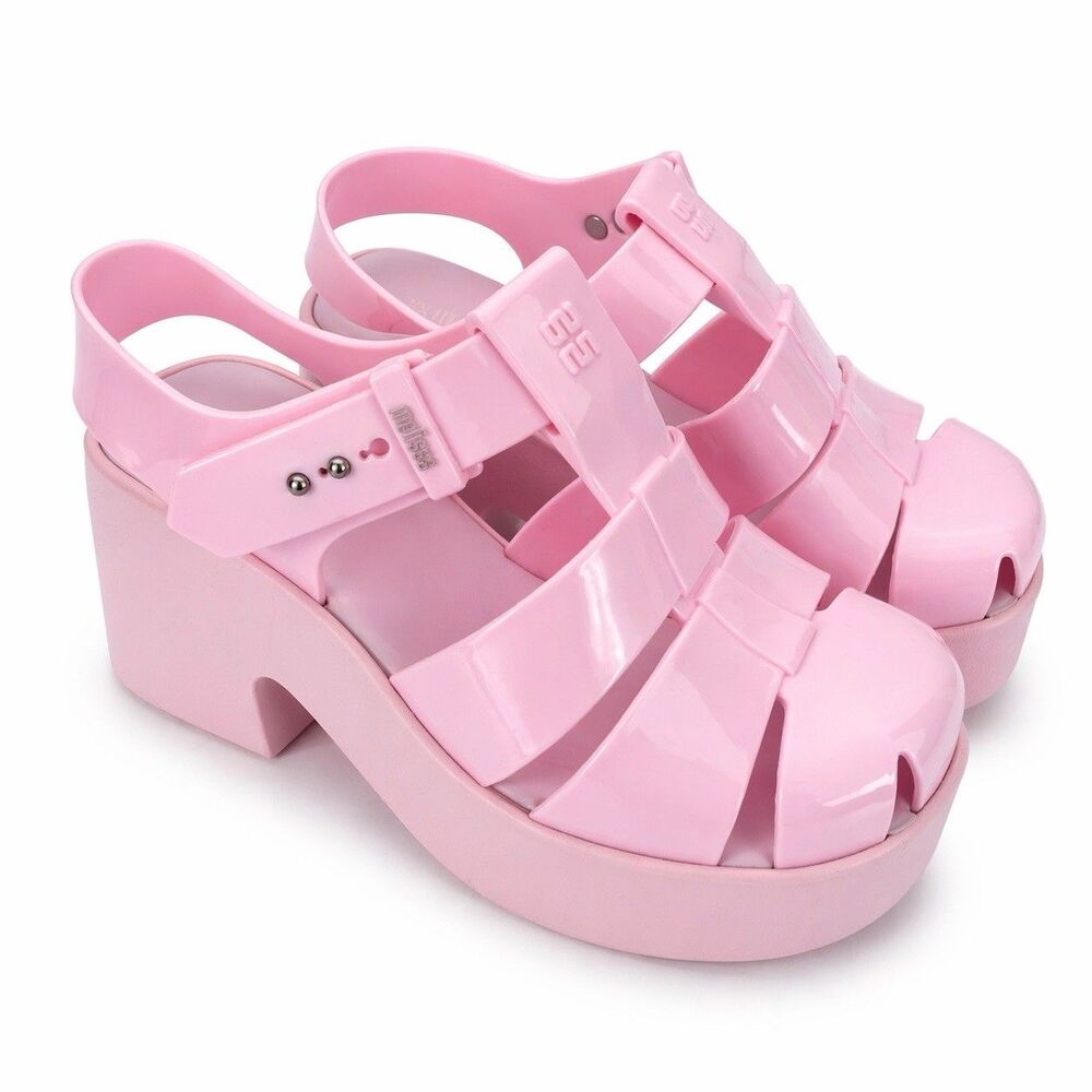 Melissa Womens 9 Lulu Platform Jelly Sandal Woven Strappy Barbie Core Retro Pink
